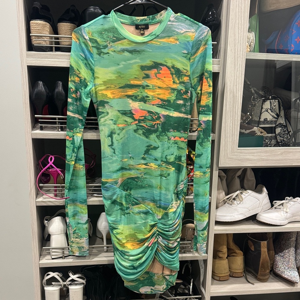 AFRM Green Marble Print Long Sleeve Ruched Dress